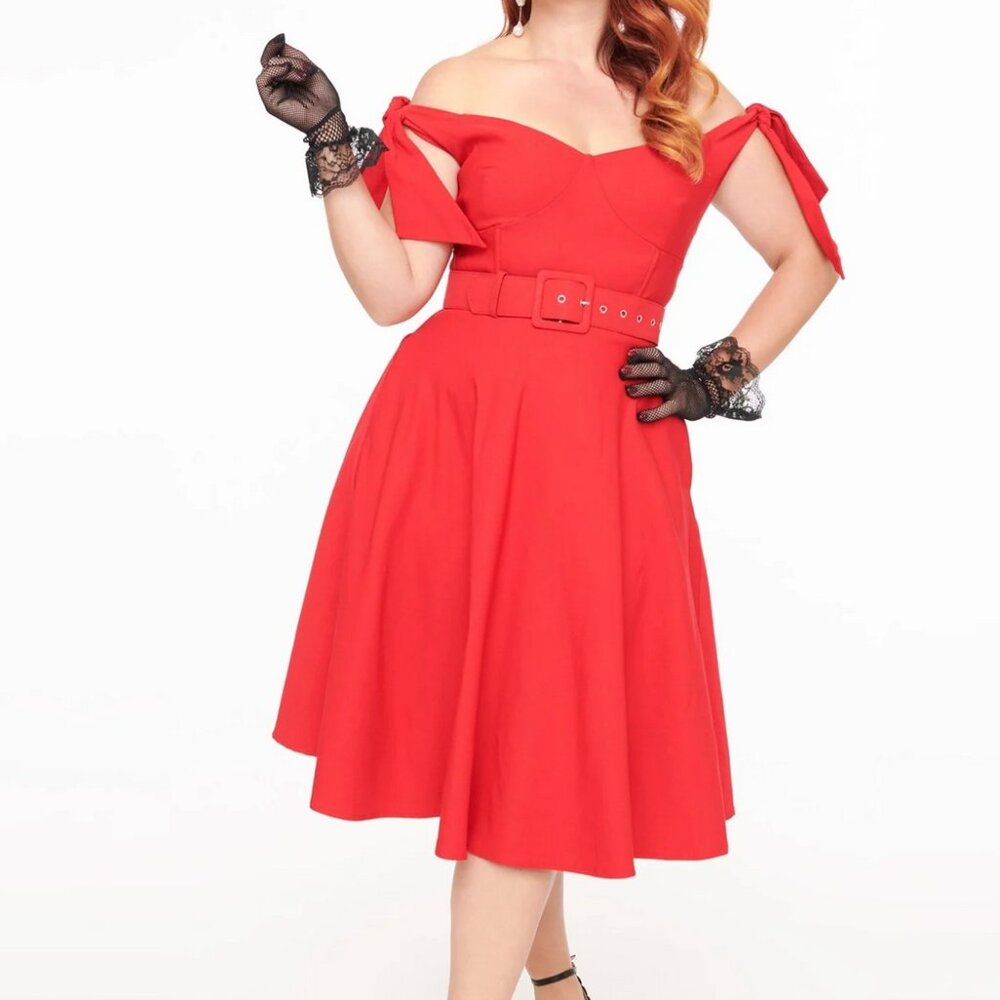 Unique Vintage 1960s Red Off The Shoulder Swing Dress